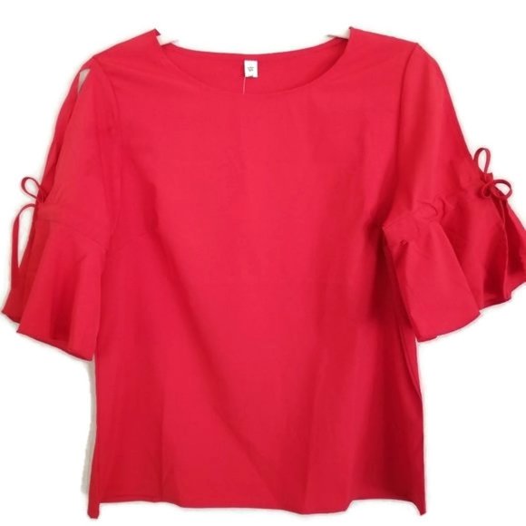 RED BLOUSE WITH BELL TIE SLEEVES - Picture 1 of 7